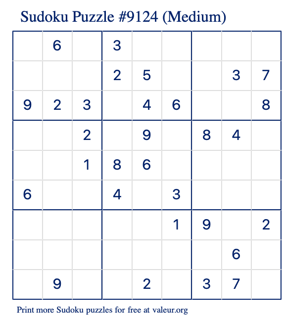 Free Printable Medium Sudoku Puzzle number 9124