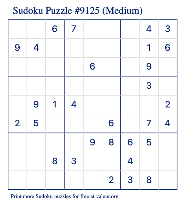 Free Printable Medium Sudoku Puzzle number 9125