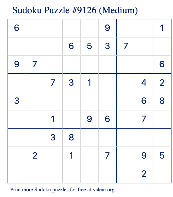 Free Printable Medium Sudoku Puzzle number 9126