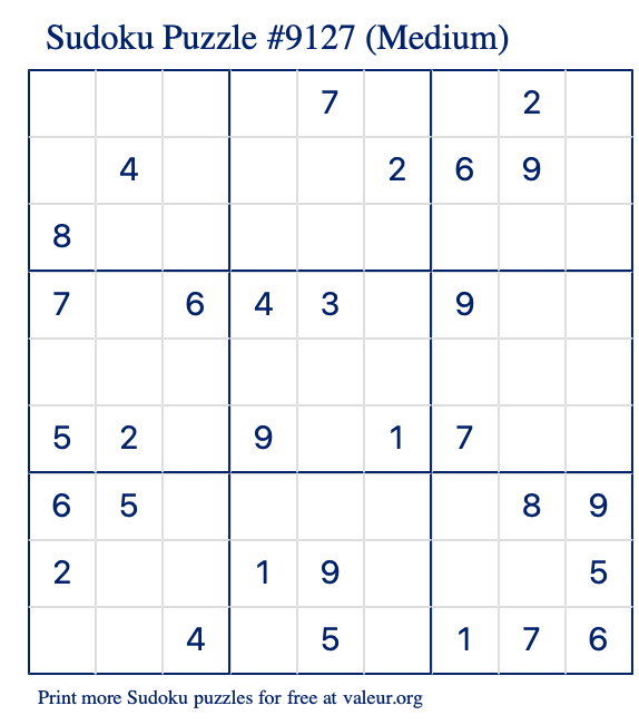 Free Printable Medium Sudoku Puzzle number 9127