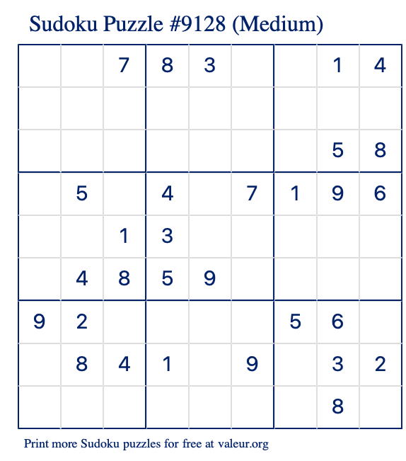 Free Printable Medium Sudoku Puzzle number 9128