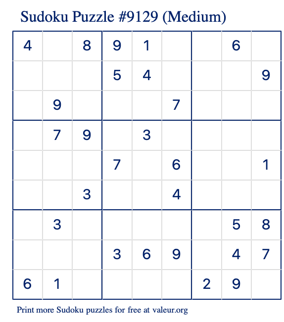 Free Printable Medium Sudoku Puzzle number 9129