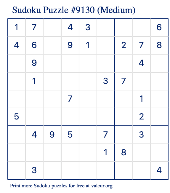 Free Printable Medium Sudoku Puzzle number 9130