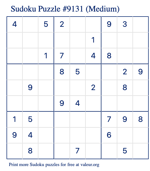 Free Printable Medium Sudoku Puzzle number 9131