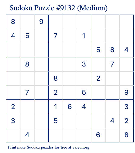 Free Printable Medium Sudoku Puzzle number 9132