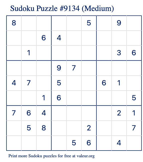 Free Printable Medium Sudoku Puzzle number 9134