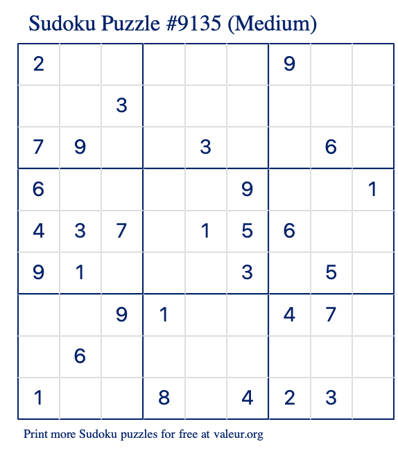 Free Printable Medium Sudoku Puzzle number 9135