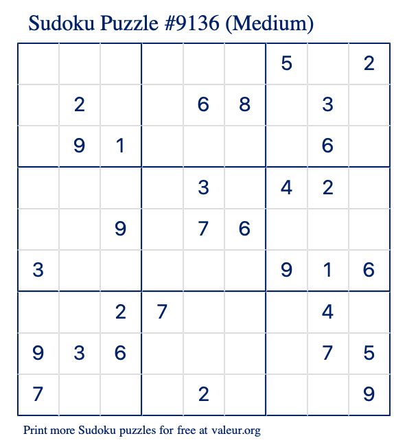 Free Printable Medium Sudoku Puzzle number 9136