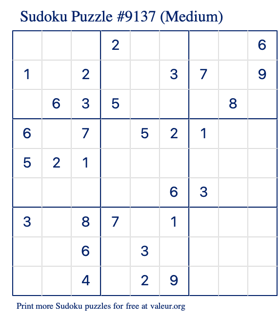 Free Printable Medium Sudoku Puzzle number 9137