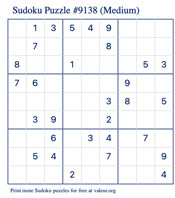 Free Printable Medium Sudoku Puzzle number 9138