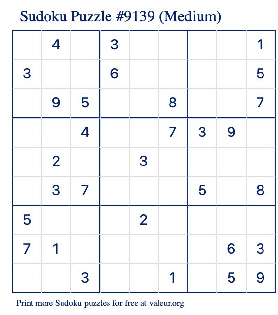 Free Printable Medium Sudoku Puzzle number 9139