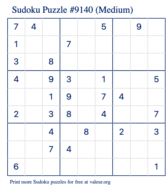 Free Printable Medium Sudoku Puzzle number 9140