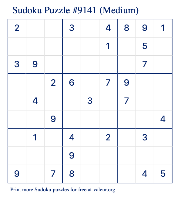 Free Printable Medium Sudoku Puzzle number 9141