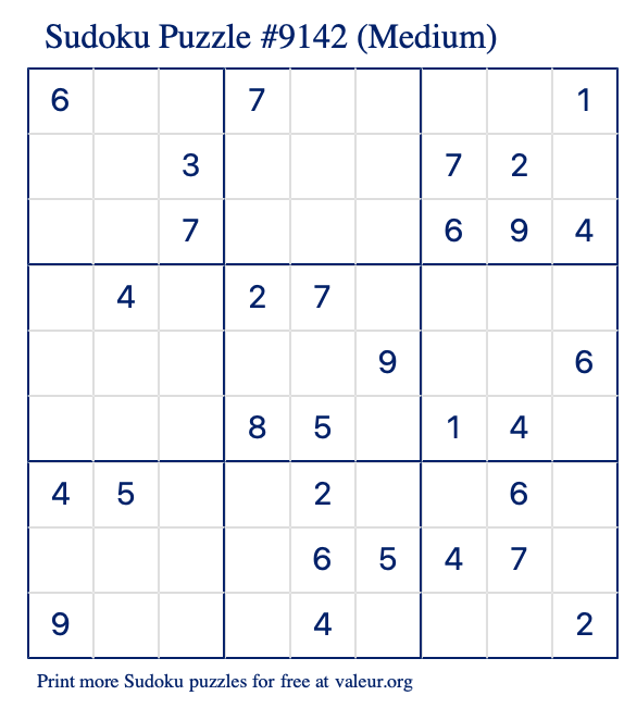 Free Printable Medium Sudoku Puzzle number 9142