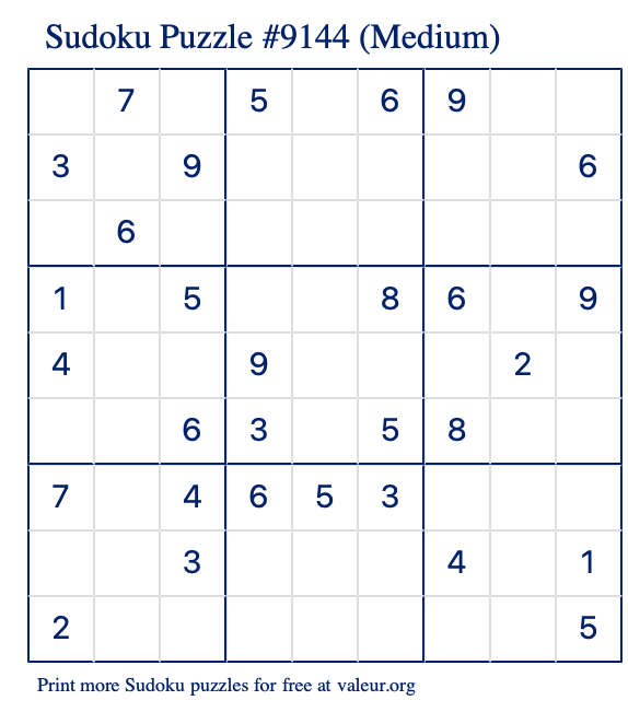 Free Printable Medium Sudoku Puzzle number 9144