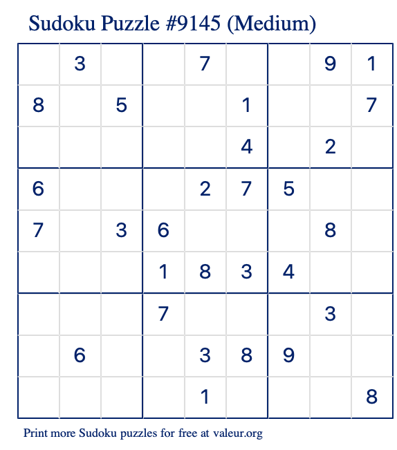 Free Printable Medium Sudoku Puzzle number 9145