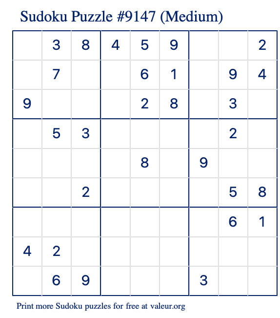Free Printable Medium Sudoku Puzzle number 9147