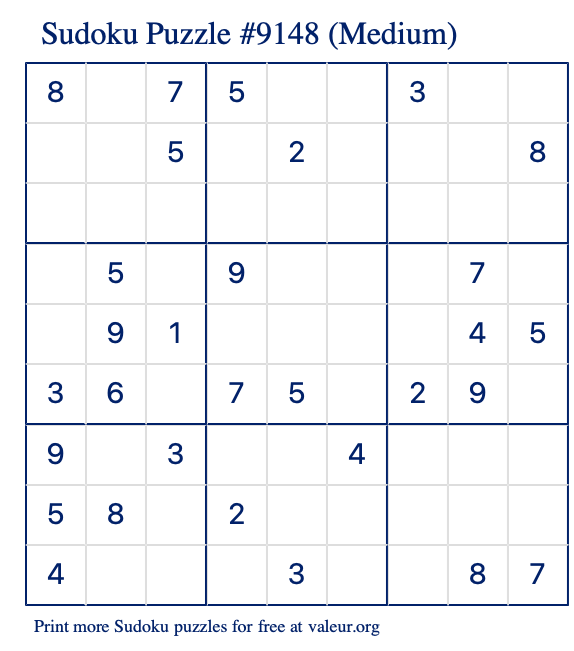 Free Printable Medium Sudoku Puzzle number 9148