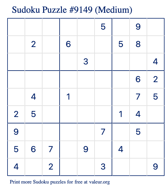 Free Printable Medium Sudoku Puzzle number 9149