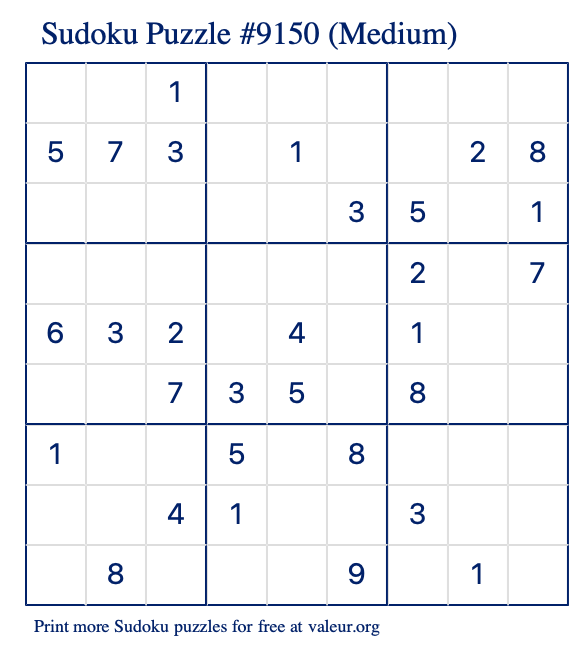 Free Printable Medium Sudoku Puzzle number 9150