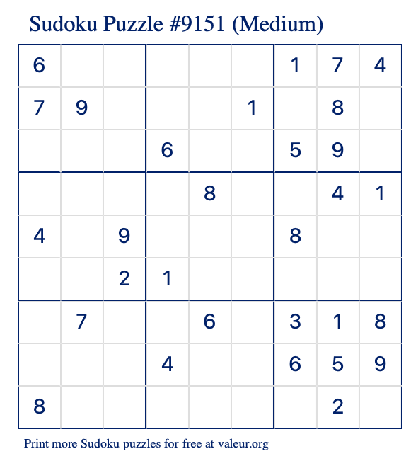 Free Printable Medium Sudoku Puzzle number 9151