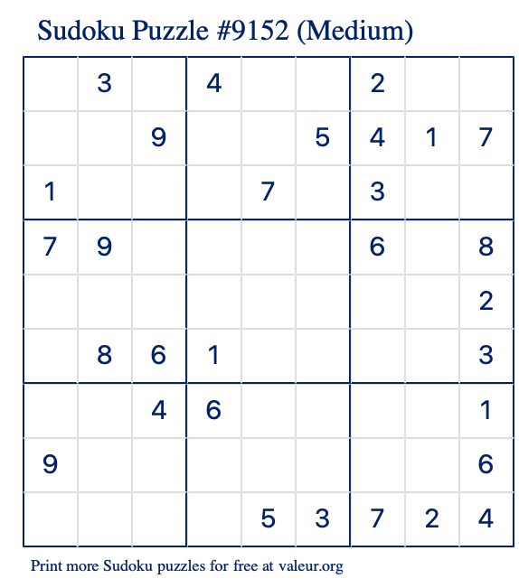 Free Printable Medium Sudoku Puzzle number 9152