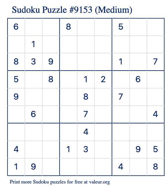 Free Printable Medium Sudoku Puzzle number 9153