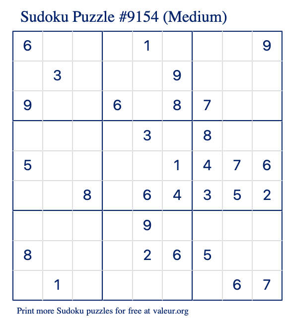 Free Printable Medium Sudoku Puzzle number 9154