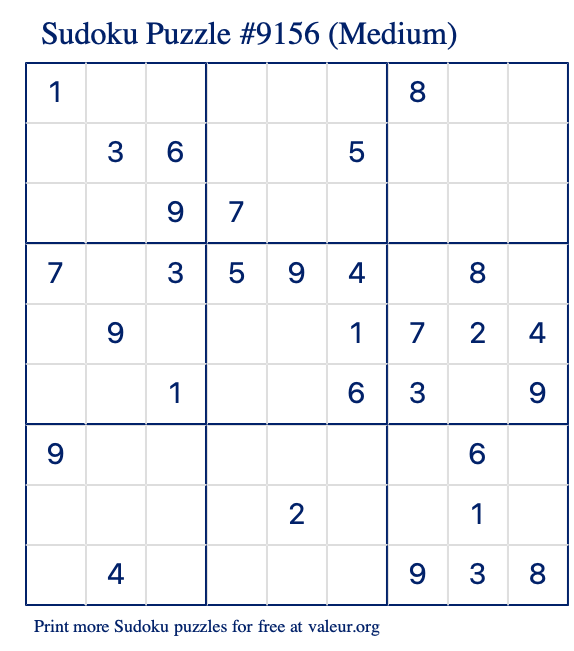 Free Printable Medium Sudoku Puzzle number 9156