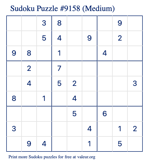 Free Printable Medium Sudoku Puzzle number 9158