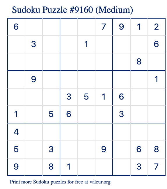 Free Printable Medium Sudoku Puzzle number 9160