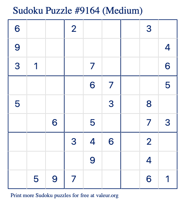 Free Printable Medium Sudoku Puzzle number 9164