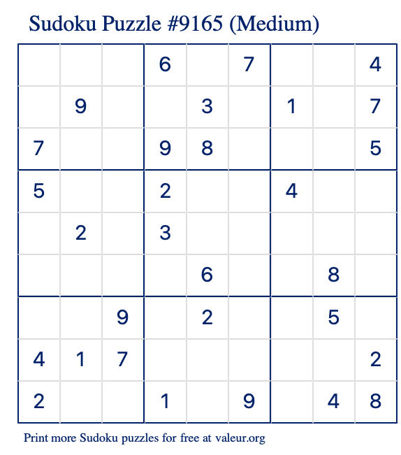 Free Printable Medium Sudoku Puzzle number 9165