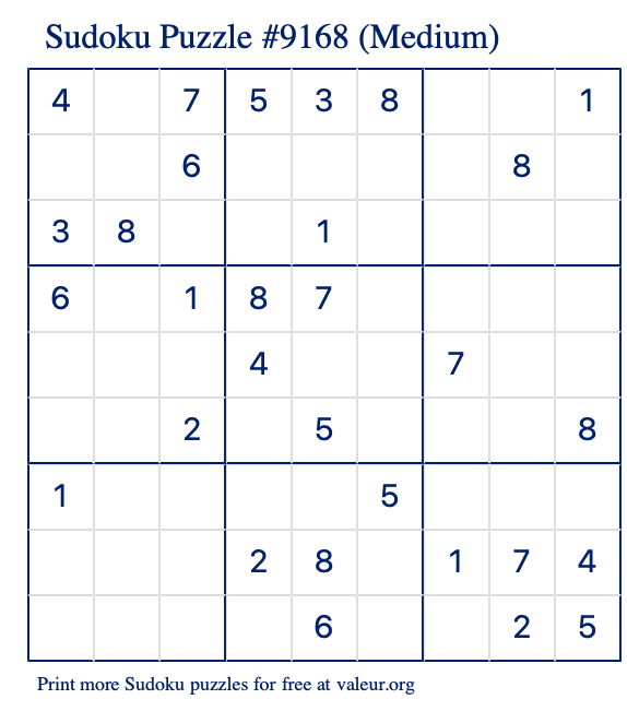 Free Printable Medium Sudoku Puzzle number 9168