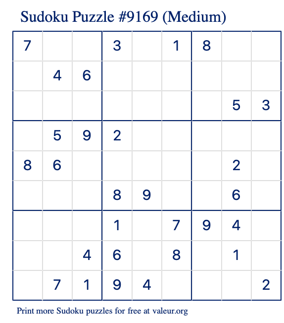 Free Printable Medium Sudoku Puzzle number 9169