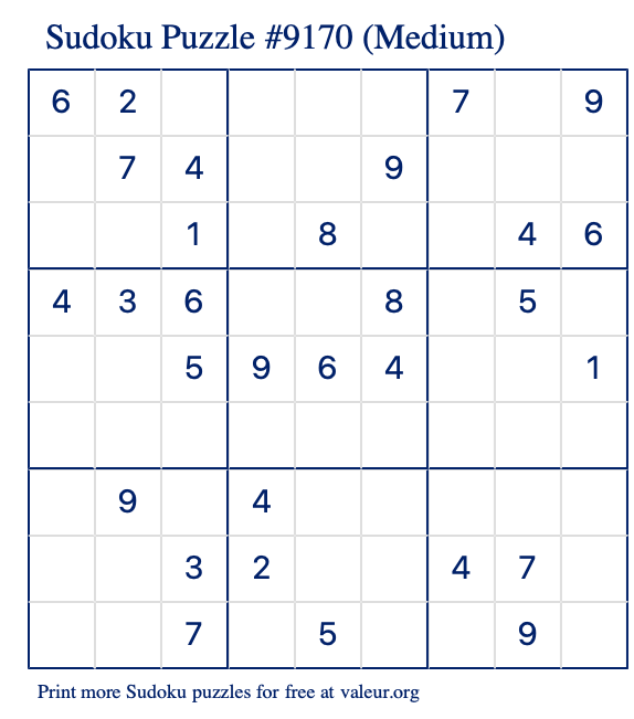 Free Printable Medium Sudoku Puzzle number 9170