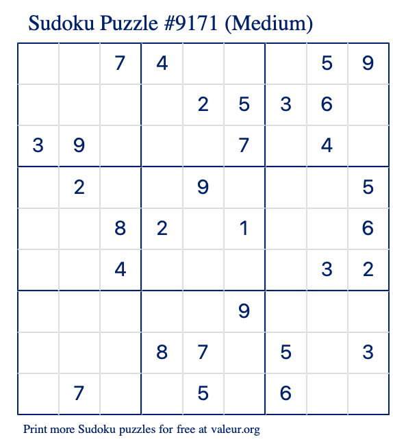 Free Printable Medium Sudoku Puzzle number 9171