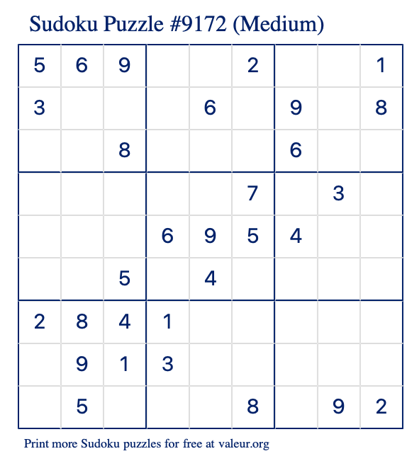 Free Printable Medium Sudoku Puzzle number 9172