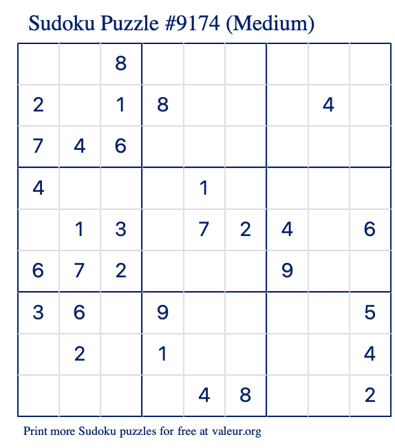 Free Printable Medium Sudoku Puzzle number 9174