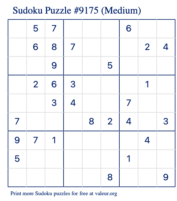 Free Printable Medium Sudoku Puzzle number 9175