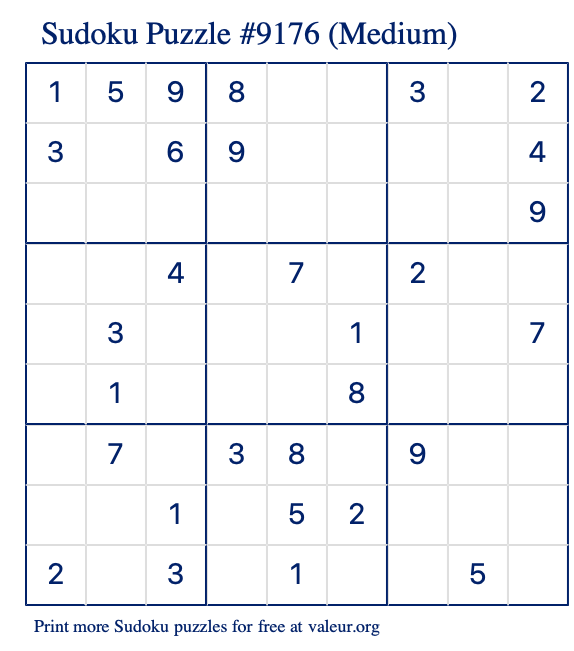 Free Printable Medium Sudoku Puzzle number 9176