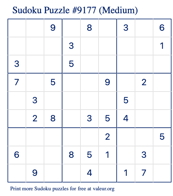 Free Printable Medium Sudoku Puzzle number 9177