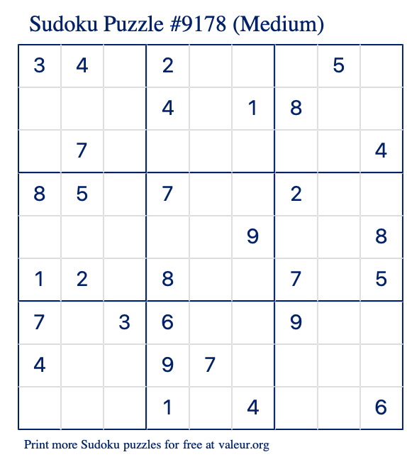 Free Printable Medium Sudoku Puzzle number 9178