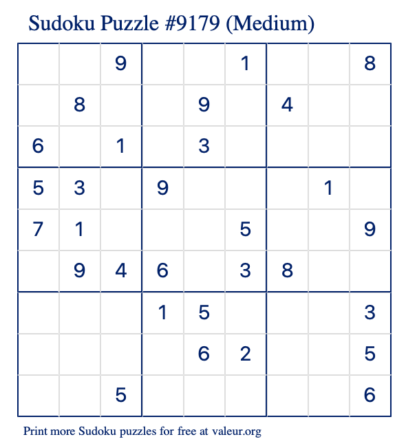 Free Printable Medium Sudoku Puzzle number 9179