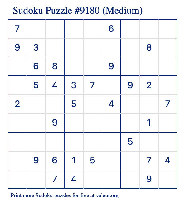 Free Printable Medium Sudoku Puzzle number 9180
