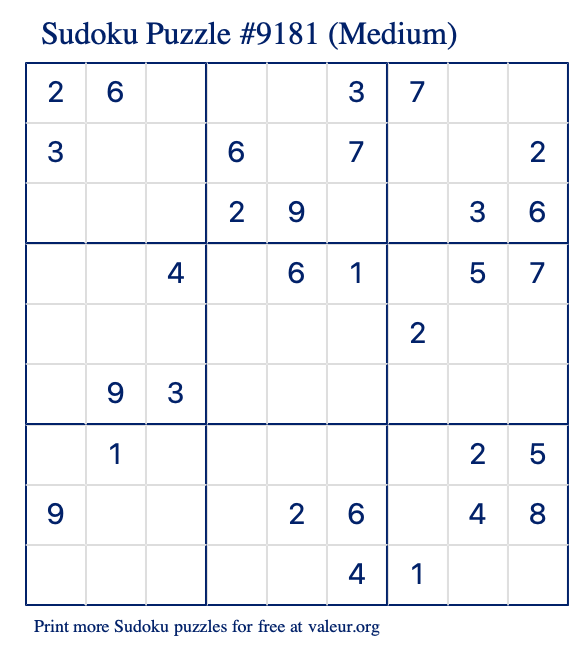 Free Printable Medium Sudoku Puzzle number 9181