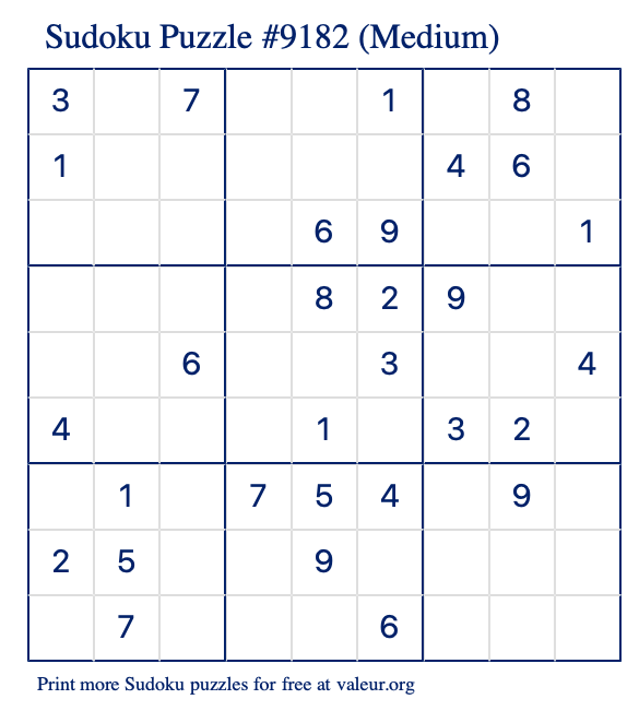 Free Printable Medium Sudoku Puzzle number 9182