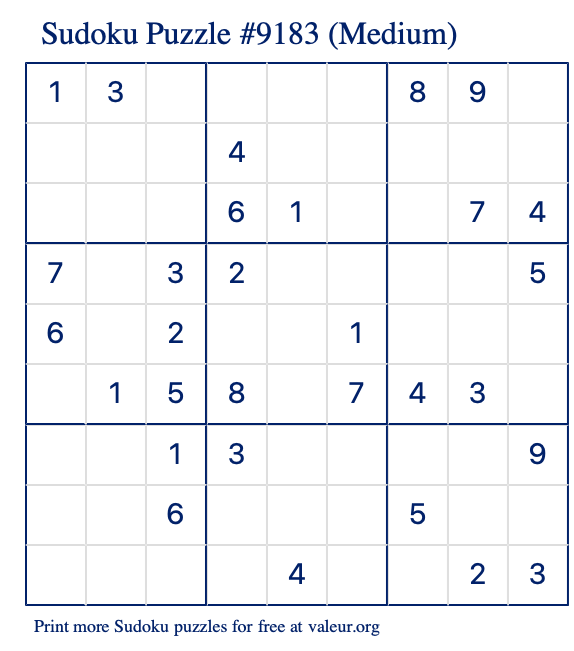 Free Printable Medium Sudoku Puzzle number 9183