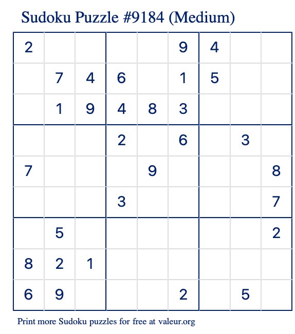 Free Printable Medium Sudoku Puzzle number 9184