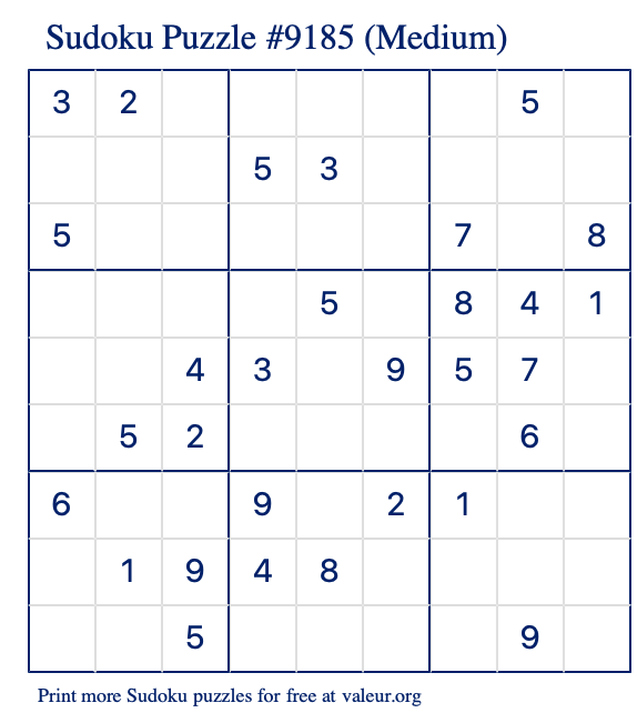 Free Printable Medium Sudoku Puzzle number 9185
